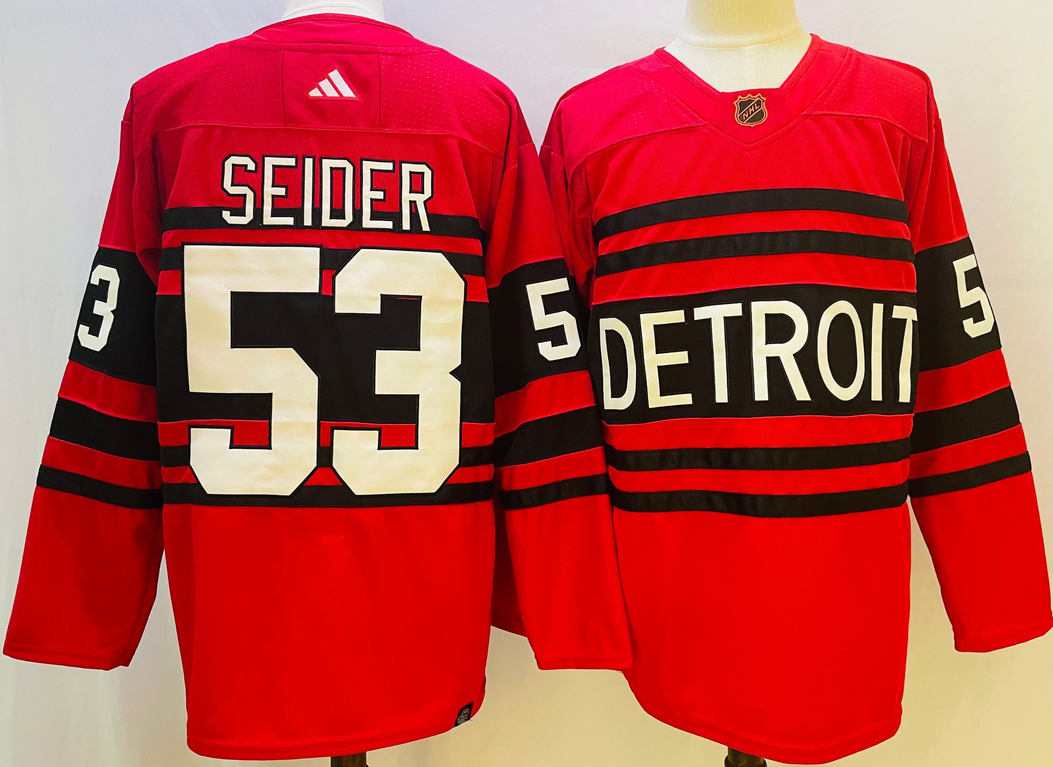 Men Detroit Red Wings 53 Seider Red Throwback 2022 Adidas NHL Jersey
